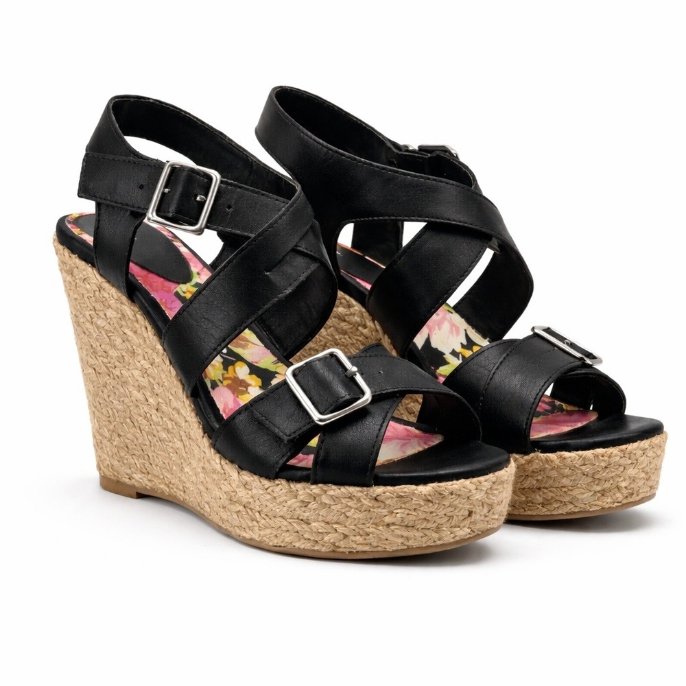 Madden Girl Stackful Black Espadrille Wedge Sandals Womens 8.5 Summer